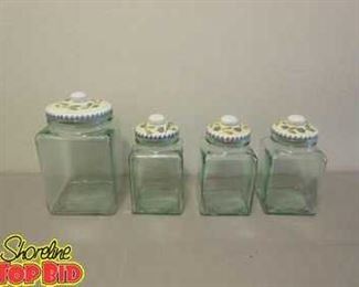 4 Piece Set of Glass Jars with Ceramic HandPainted Lids, Made in Italy