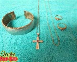 1950s Vintage Volupte Cuff Bracelet, Sterling Silver Cross Necklace. 14 kt. Gold Necklace