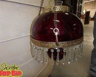 1968 MidCentury Ruby Red Hanging Chandelier with Glass Prisms