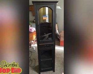 black distressed farmhouse curio cabinet with glass doors and drawer display case china cabinet