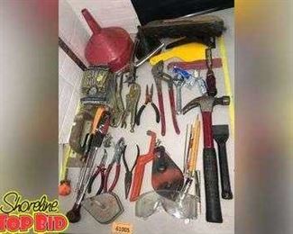 Hammer, pliers, screwdrivers, channel locks, funnels and more