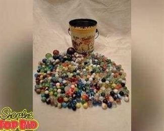 Massive Lot 400 Vintage  Antique Marbles in an Old Peanut Butter Tin Pail