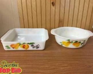 Pair of anchor hocking fire king hand painted casserole dishes