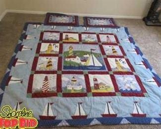 Queen Size Lighthouse Quilt with 2 Pillow Shams, Great Condition