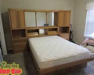Solid Oak Queen Bed, Platform with lower drawer storage 6 foot x 9 foot Deluxe Dresser Headboard