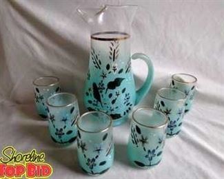 Stunning Antique Blendo Hand Painted Glass Pitcher Glass Set