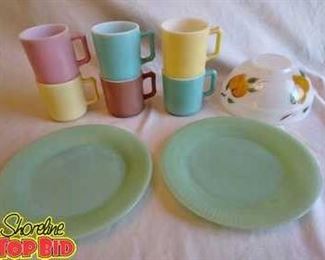 Vintage Pastel Fire King and Anchor Hocking Jadite Painted Fruit Bowl and 6 mugs
