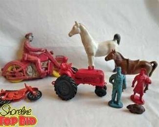 Vintage Rubber Toy Lot. Auburn, Imperial, Bergen, Hing Kong. Police motorcycle, tractor, horses
