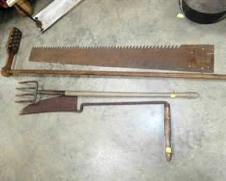 WOODEN PADDLE, SAWS, EARLY TOOLS 