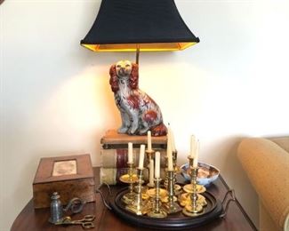 side table with dog lamp