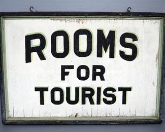 Rooms For Tourist Double-Sided Hanging Wood Sign, Some Wear, 37" Wide x 25" High