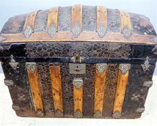 Antique Camelback Trunk, Relief Floral Tinwork, Wood And Metal Bumpers, Insert Tray, Paper Lining On Lid Interior