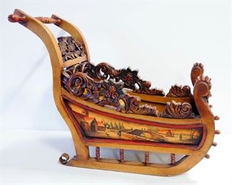 Ornate Carved Solid Wood Sleigh With Vintage Images On Sides, Approx 25" High x 31" Long x 19" Wide