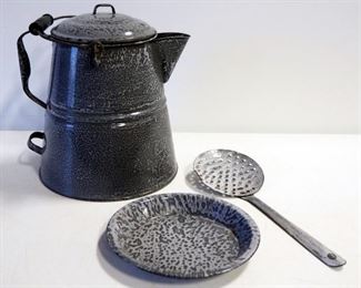 Gray Enamelware Coffee Pot, Plate, And Skimmer