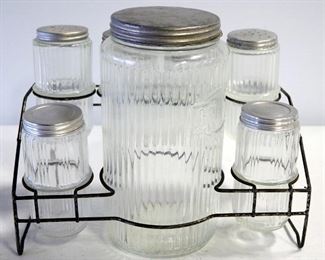 Vintage Glass Range Shaker And Jar Set In Wire Rack, Includes 8" High Jar, 4.5" Jars (2), And 4 Shakers, All With Lids