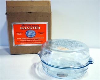 Fire-King Oven Glass Roaster By Anchor Hocking, 10.5" Dia, Sapphire Blue, In Original Box, Each 1/2 Can Also Be It's Own Baking Dish
