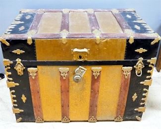 Antique Trunk With Tin Overlay And Wood Bumpers, No Insert, Some Interior Damage, Side Handles Have Been Replaced, 25.5" High x 34" Wide x 20.5" Deep