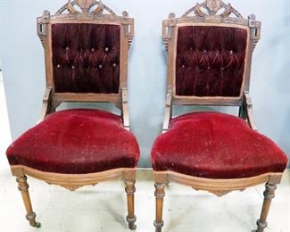 Victorian Style Side Chairs With Carved Wood Tops, Button Tufted Backs And Caster Front Wheels, Qty 2, Each 38.5" High