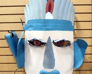 Metal Dimensional Wall Hanging Of Tribal Figure, Approx 34" High x 24" Wide, Nose Needs To Be Reattached