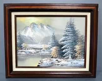 Robert Lyn Nelson (American, 1955-  ) Original Oil On Canvas Of Mountain And Lake, Framed 21.25" Wide x 17.25" High
