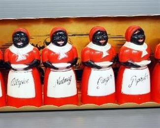 Vintage Jemima F&F Spice Set, Qty 8 Containers (2 Are Duplicates), On Rack