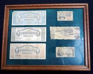 Mexican And Historic Currency, Includes Confederate States Dollar, US Fractional Bills (2), And Pesos, Historic Bills Believed To Be Authentic, Framed
