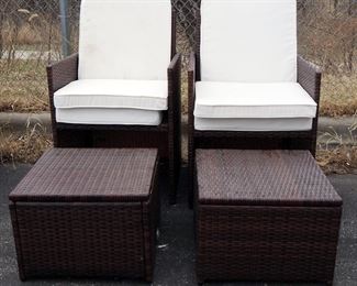 Outsunny Woven Wicker Style Patio Chairs, Qty 2, Both With Hinged Lid Ottomans And Removable Cushions