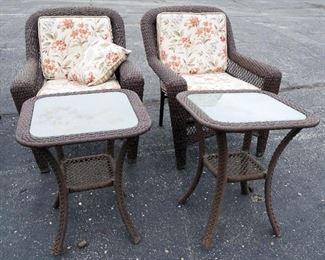 Pair Of Rope Style Woven Patio Chairs With Reversible Removable Seat Cushions And Matching Side Tables With Glass Top Inserts (1 With Broken Leg)