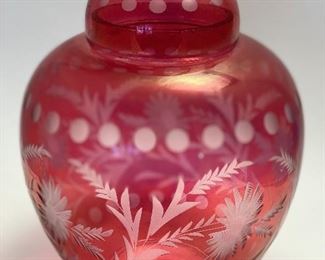 Large etched cranberry glass ginger jar