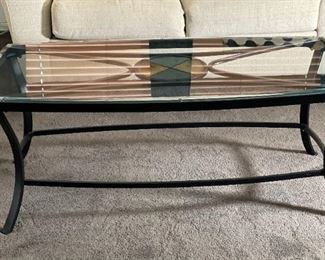 Slate Insert Glass Top Iron Frame Coffee Table 18.5x24x48in HxWxD