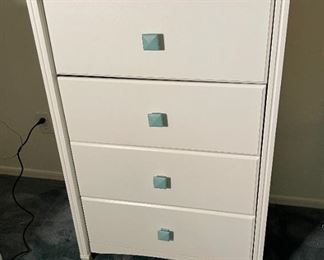 #1 4-Drawer White Slender Dresser Turquoise Handle 41x30x17.5in HxWxD