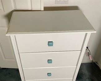 #2 4-Drawer White Slender Dresser Turquoise Handle 41x30x17.5in HxWxD