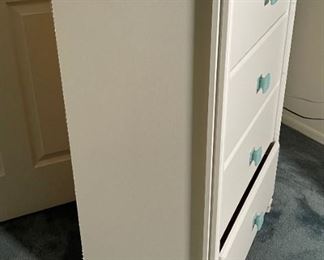 #2 4-Drawer White Slender Dresser Turquoise Handle 41x30x17.5in HxWxD