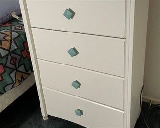 #3 4-Drawer White Slender Dresser Turquoise Handle 41x30x17.5in HxWxD