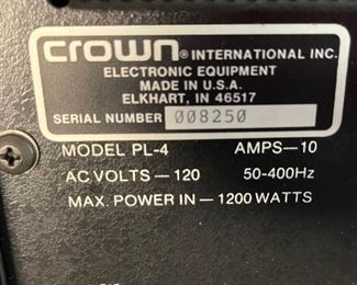 Crown Vintage PL-4 Vintage Stereo Power Amplifier Amp Power Line Four 4	7x19x12in	HxWxD
