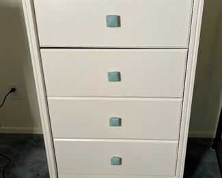 #1 4-Drawer White Slender Dresser Turquoise Handle	41x30x17.5in	HxWxD
