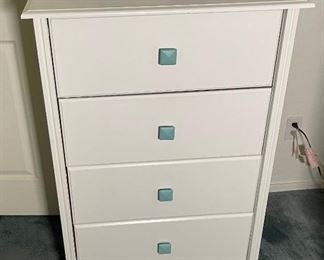 #2 4-Drawer White Slender Dresser Turquoise Handle	41x30x17.5in	HxWxD
