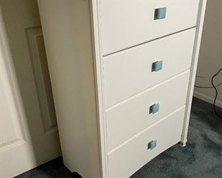 #2 4-Drawer White Slender Dresser Turquoise Handle	41x30x17.5in	HxWxD
