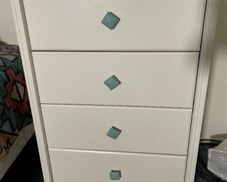 #3 4-Drawer White Slender Dresser Turquoise Handle	41x30x17.5in	HxWxD

