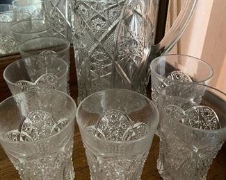 Vintage Crystal Lemonade Ice Tea Pitcher with 6 Crystal Tumblers 