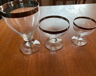 Mid Century Dorothy Thrope  Silver Rim Stemware. There are 8 Water, Wine, Champagne 