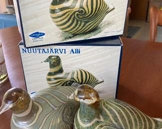 Mid Century Nuutajarvi Alli Glass Finland. 2 Different Style Birds, with Boxes