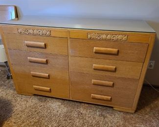 1940's Thomasville dresser with glass top. Drawers all slide well. 55" wide x 35" tall x 20" deep. On wheels for easy moving! Asking $850 for the full set.