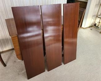 1940's Duncan Phyfe style 3-pedestal, drop-leaf dining table and two chairs. Drop leaves work well. Comes with three additional 12" leaves. Chairs have been reupholstered. Asking $400 for the set.