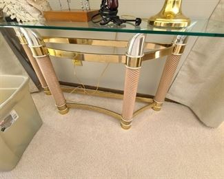 Vintage Italian brass horn console table with removable vintage glass top. 52" wide x 26" high x 16" deep. Set includes coffee table and two end tables. Asking $600 for the set.