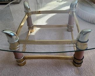 Vintage Italian brass horn coffee table with removable vintage glass top. Approximately 37" square. Set includes console table and two end tables. Asking $600 for the set.