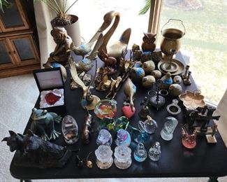 Unique brass and glass items, paperweights, figurines. Various prices.