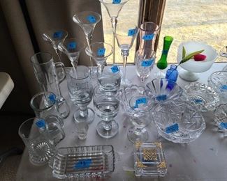 Glass items, glasses, vases dishes. Various prices.