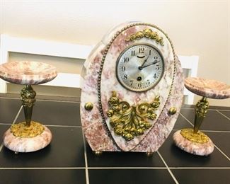 Vintage Marble Mantle Clock w/ Matching Candleholders