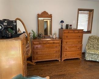 Many Maple Dresser, Vintage Green Paisley Rocker Recliner, Floor Mirror